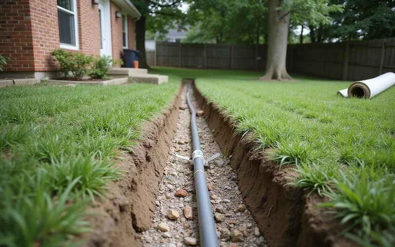 Buried downspout line being installed toward a distant pop-up emitter