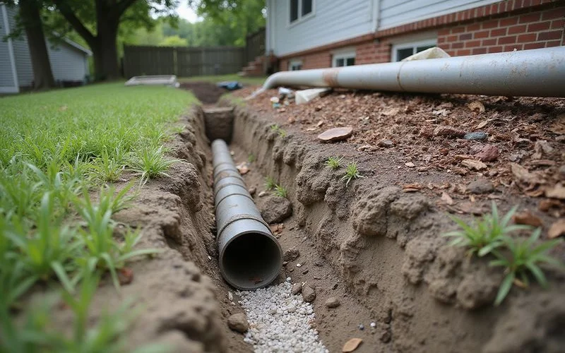 Buried downspout outlet partially covered by grass and mulch