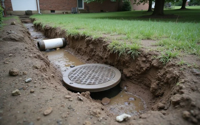Catch basin grate collecting surface water in a residential lawn