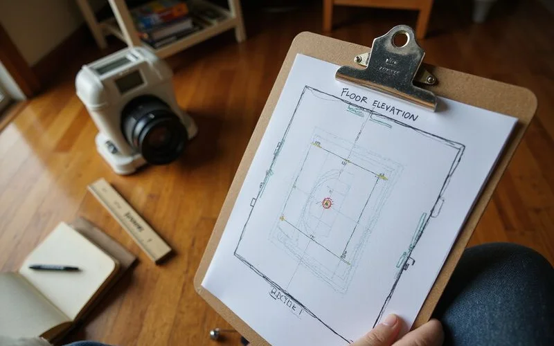 Floor elevation contour notes on a clipboard at a Middle Tennessee home