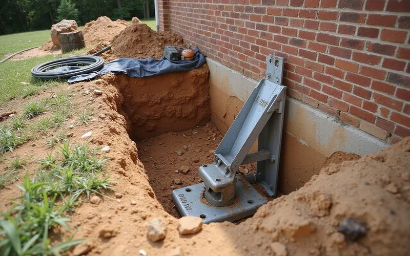 Steel pier bracket seated against a residential footing at a jobsite