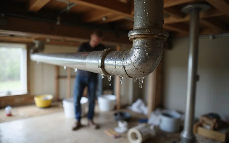 Condensation droplets on a cool basement pipe