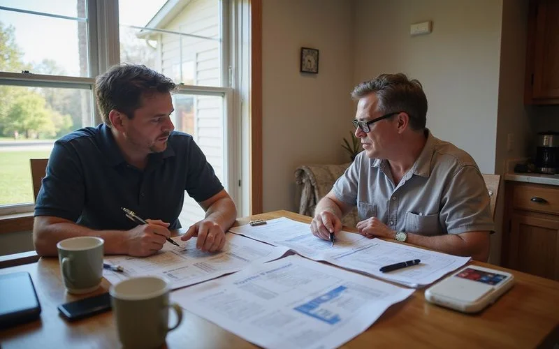 Contractor and homeowner discussing a foundation scope beside a home