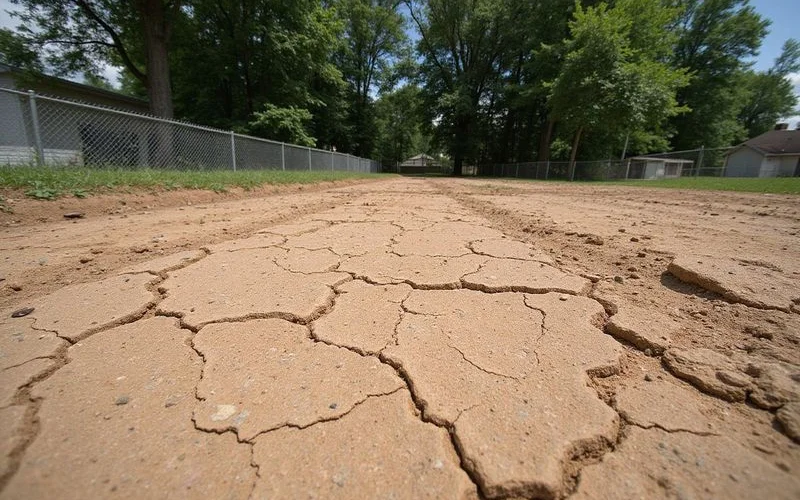 Cracked dry clay soil near a home foundation during a summer dry spell