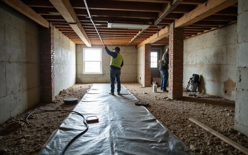 Crew installing a vapor barrier in a large crawl space