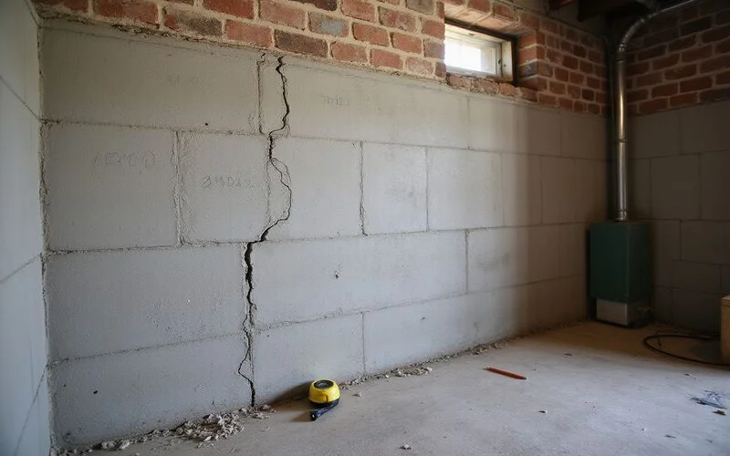 Dated pencil marks tracking a crack's growth on a basement wall