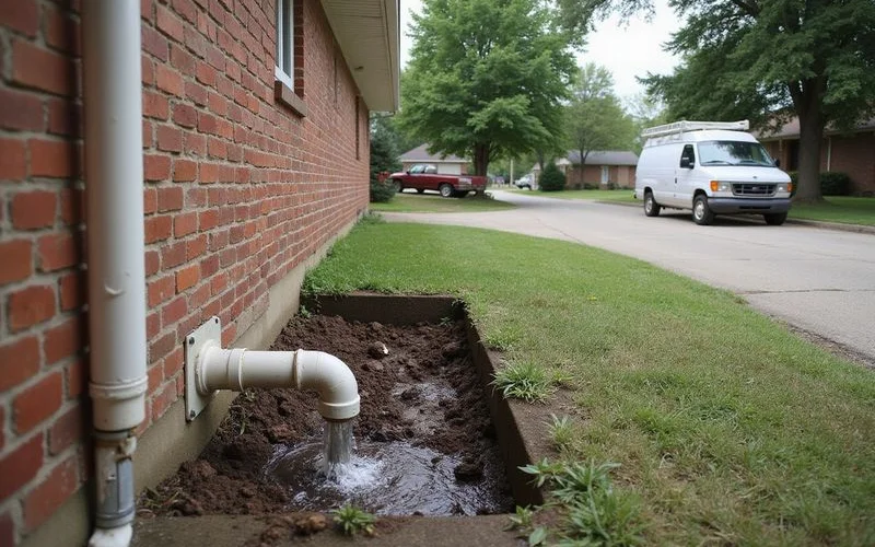 Downspout discharging near a foundation corner outside a Middle Tennessee home