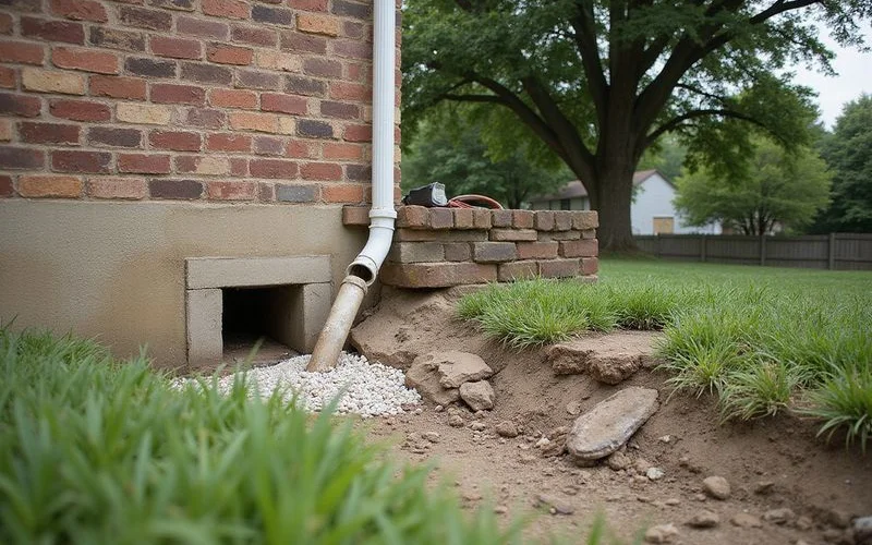 Downspout discharging at a foundation corner with eroded soil