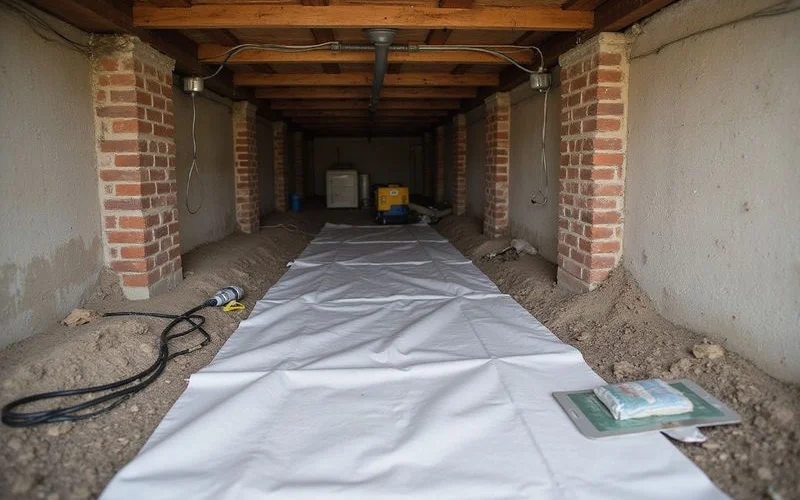 Encapsulated crawl space with white vapor barrier and a dehumidifier