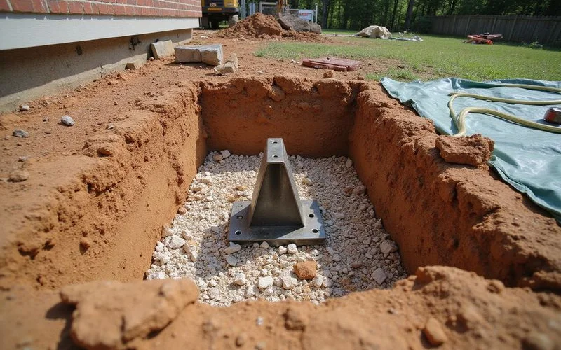 Excavation beside a home footing exposing a pier bracket