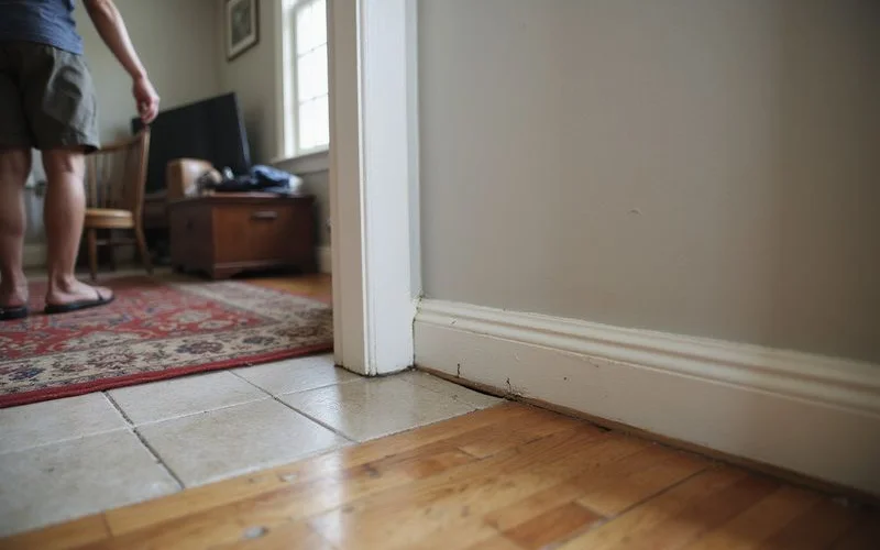 Gap between baseboard and floor indicating slab movement