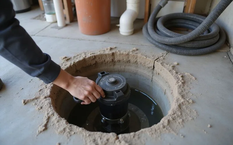 Hand testing a sump pump float switch in a basin