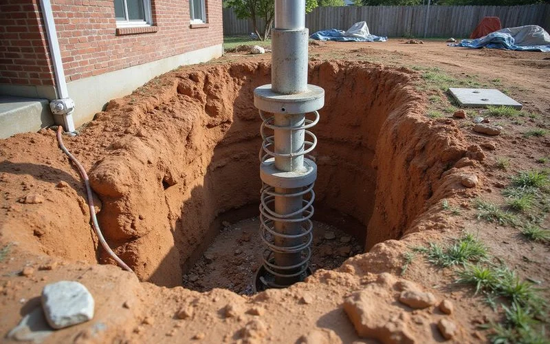 Helical pier lead section with helices staged beside a residential foundation