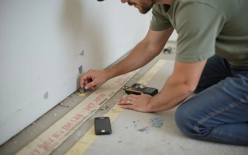 Homeowner marking a dated floor level line on a wall to monitor movement