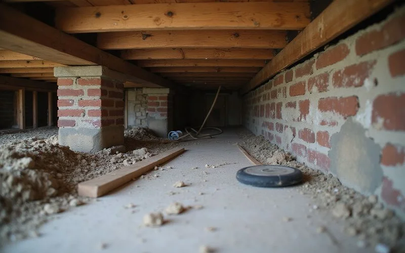 Homeowner noticing a soft, uneven spot in a hardwood floor above a crawl space