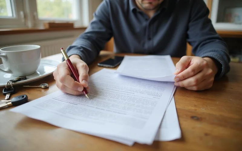 Homeowner reviewing a written waterproofing scope at a table