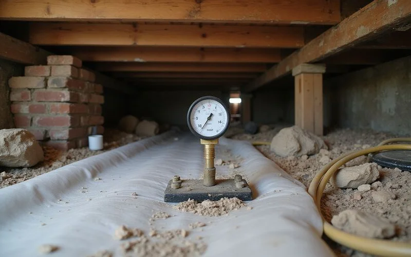 Humidity gauge on a crawl space vapor barrier showing a reading