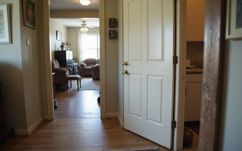 Interior door binding against its jamb with an uneven gap at the top corner