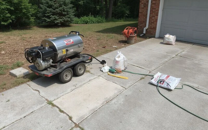 Mudjacking slurry pump beside a settled patio slab