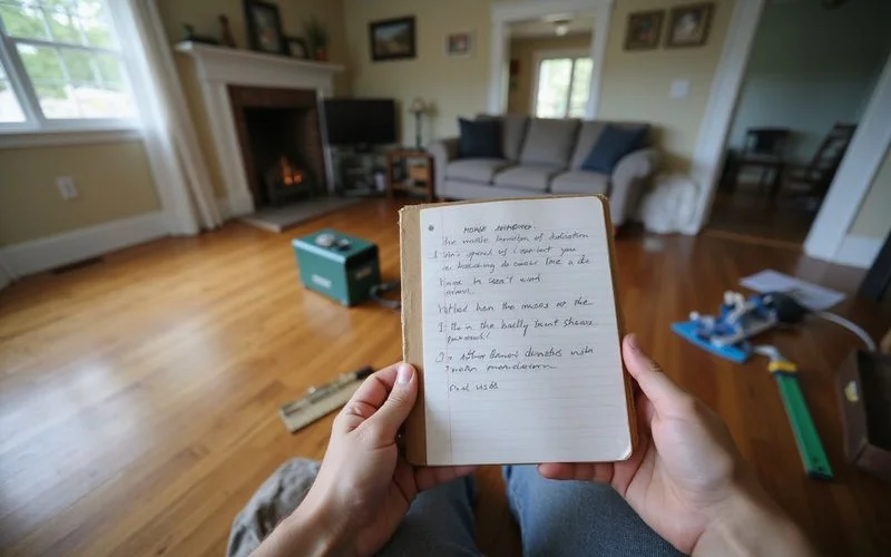 Notebook with foundation observation notes at a home exterior