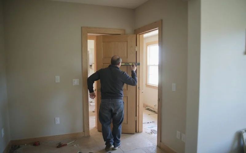 Person checking a door frame for square with a level