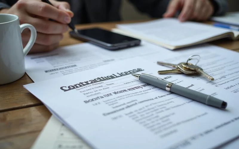 Printed contractor license and scope documents on a desk