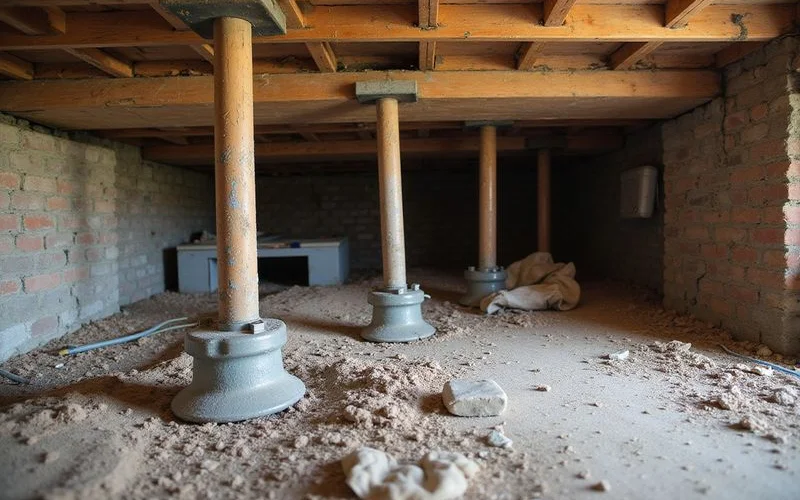 Row of support jacks under a main beam in a Middle Tennessee crawl space