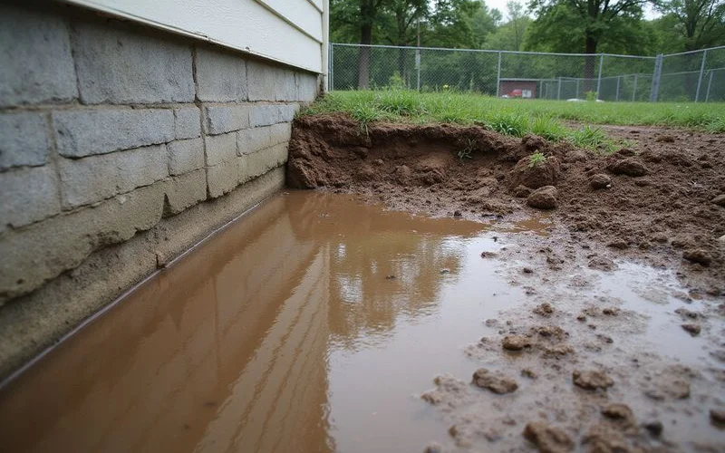 Saturated clay soil beside a foundation wall after rain
