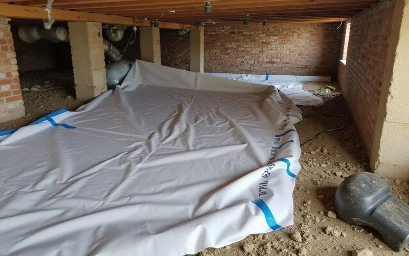 Sealed vapor barrier seams and a taped support pier in a crawl space