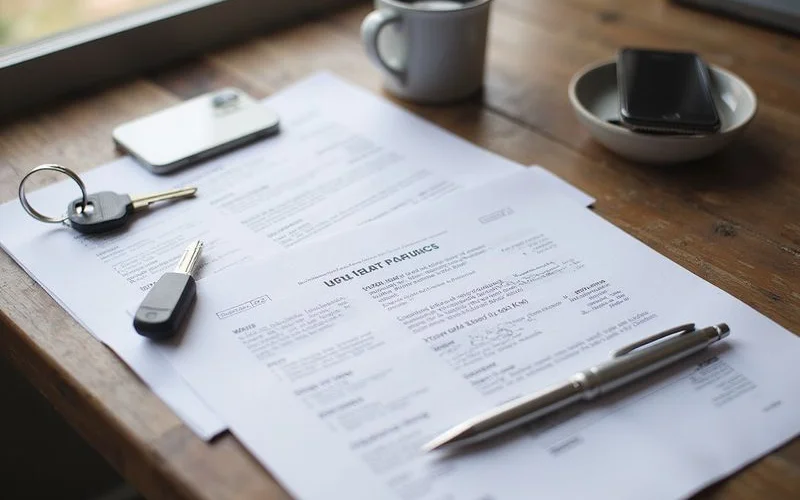 Signed warranty and scope paperwork on a desk