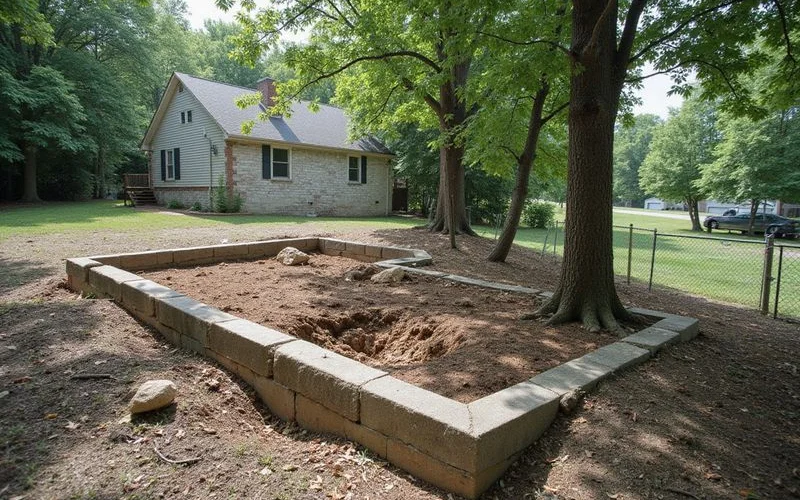 Sloping suburban yard with mature trees near a house foundation