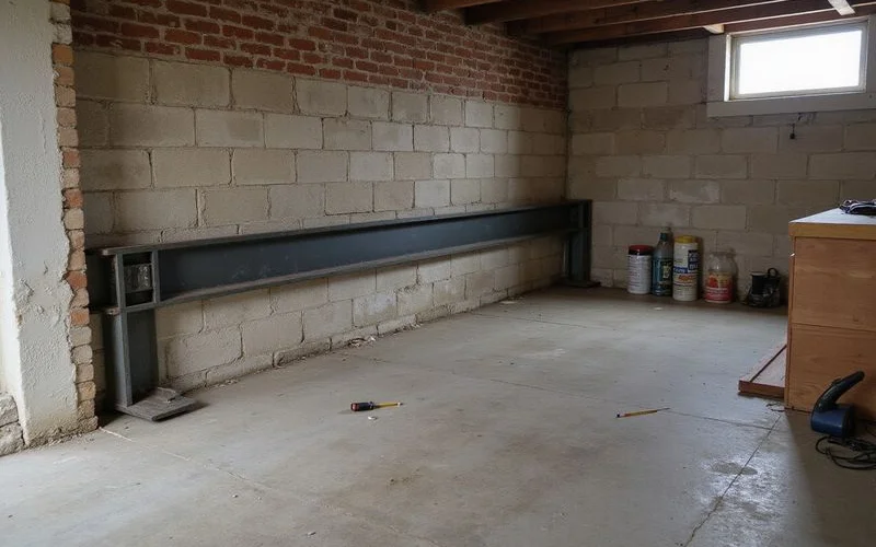 Steel I-beam brace against a basement wall in a Middle Tennessee home