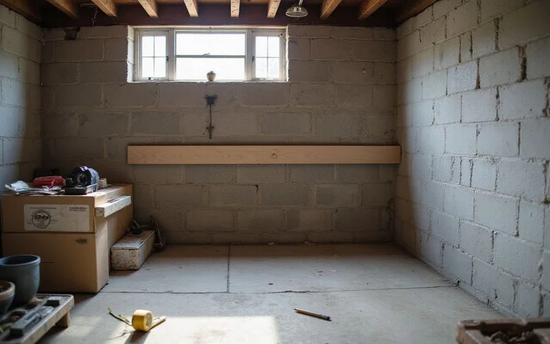 Straightedge held against a bowing basement wall showing the gap at mid-height