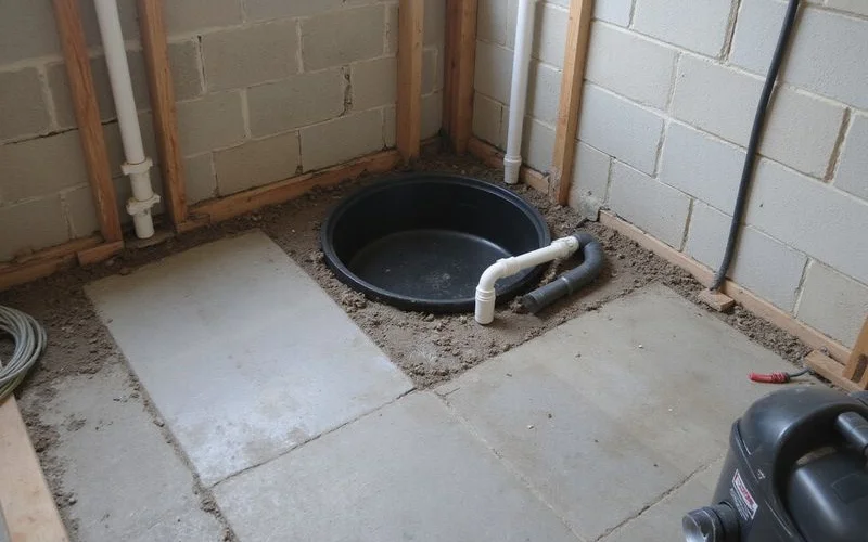Sump basin and discharge line installed in a basement corner