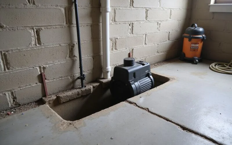 Sump basin with submersible pump and discharge line in a basement