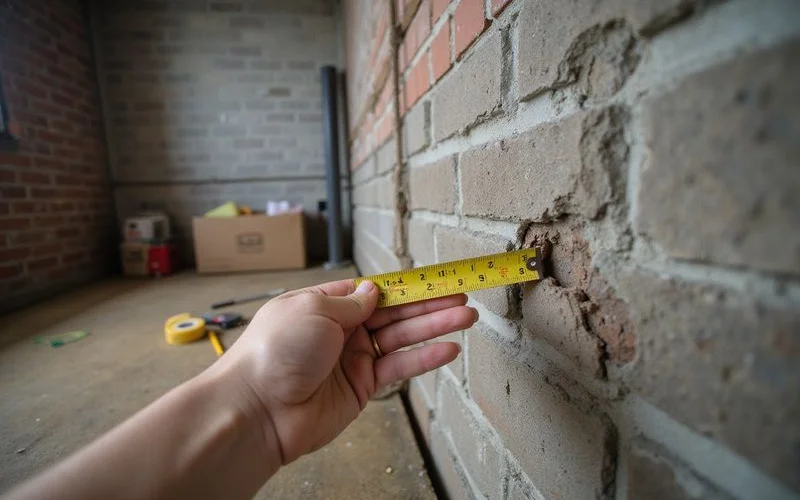 Tape measure held against a basement wall crack showing its width