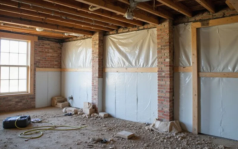 Taped and sealed vapor barrier seams up a foundation wall