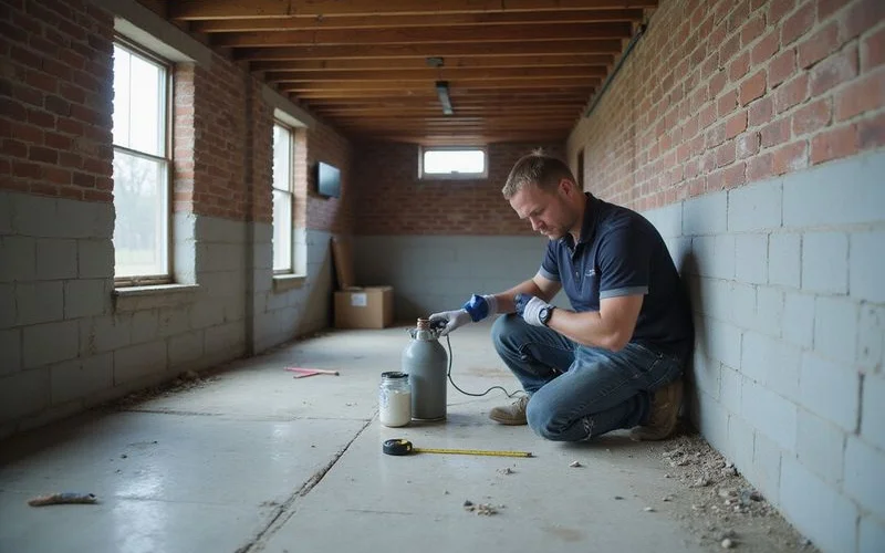 Technician applying crack injection to a concrete wall