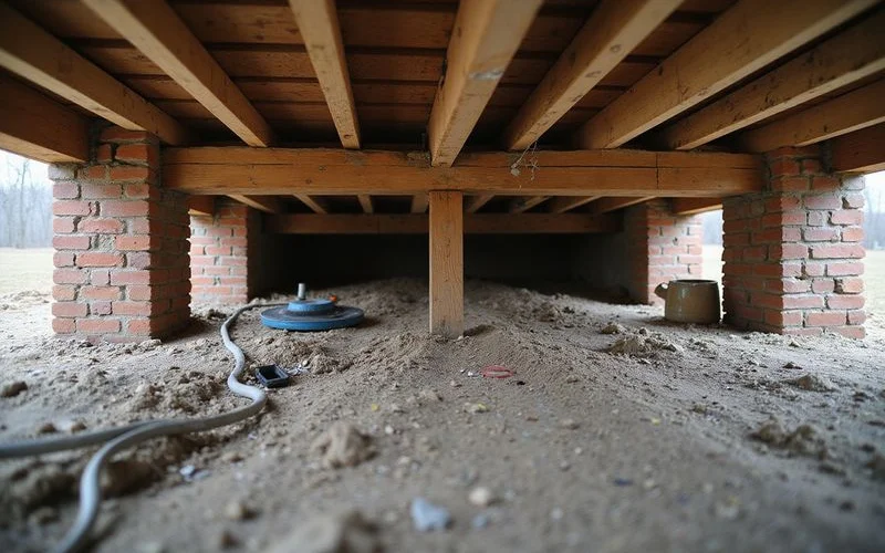 Under-floor view of crawl space joists and a support post
