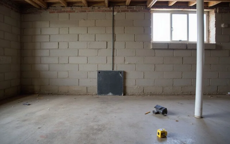 Wall anchor tieback plate installed on a basement wall interior