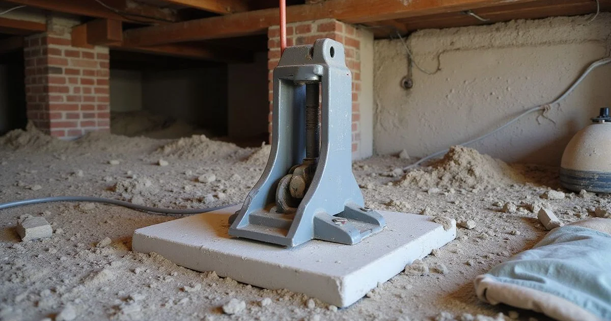 Adjustable steel support jack on a concrete pier pad in a crawl space
