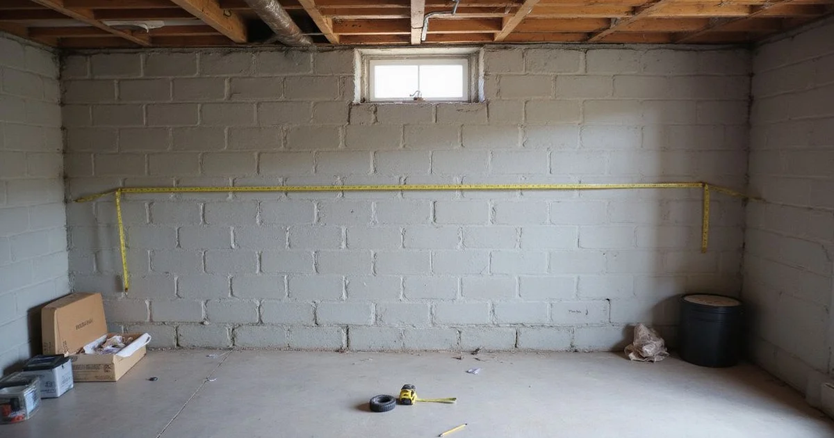 Basement block wall with visible inward bow and a horizontal crack, plumb line for reference