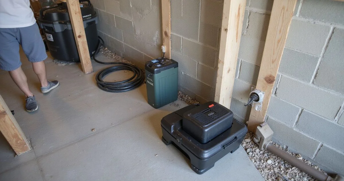 Battery backup sump pump with backup battery beside a primary pump