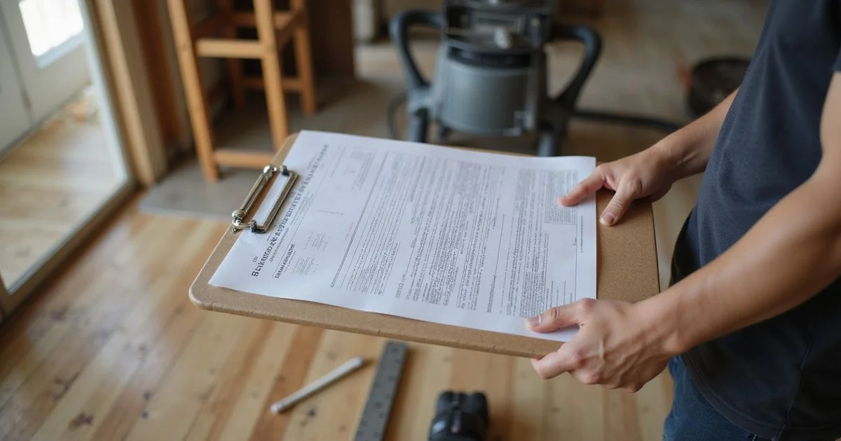 Building permit paperwork on a clipboard at a residential jobsite
