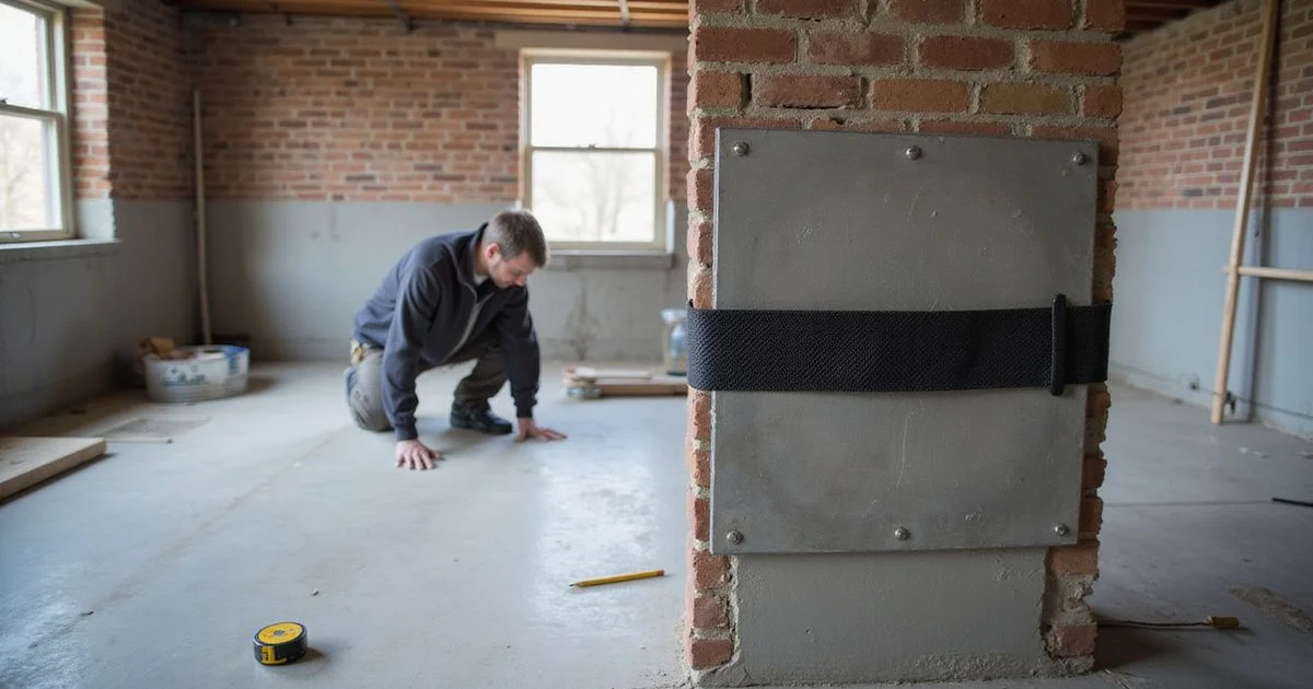 Carbon fiber strap and wall anchor shown on a basement wall