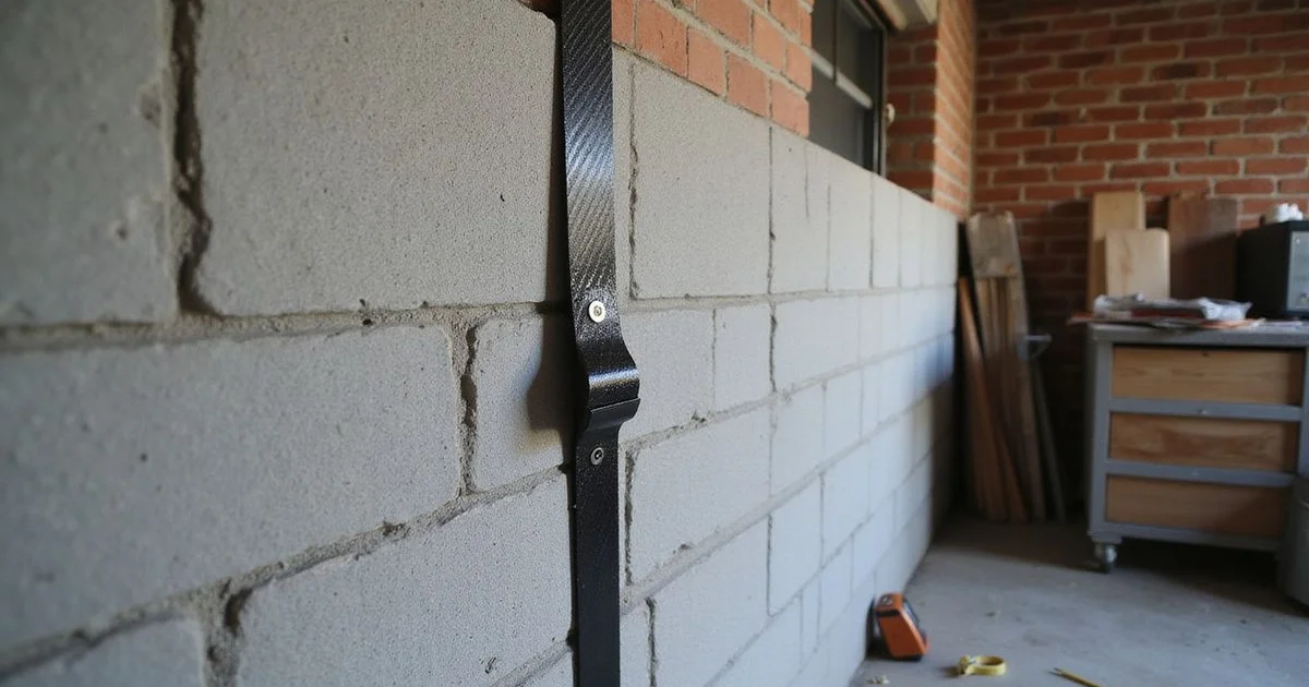 Carbon fiber strap installed on a basement block wall