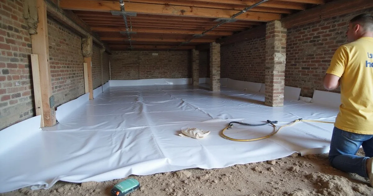 Encapsulated crawl space with white vapor barrier over the ground and up the walls