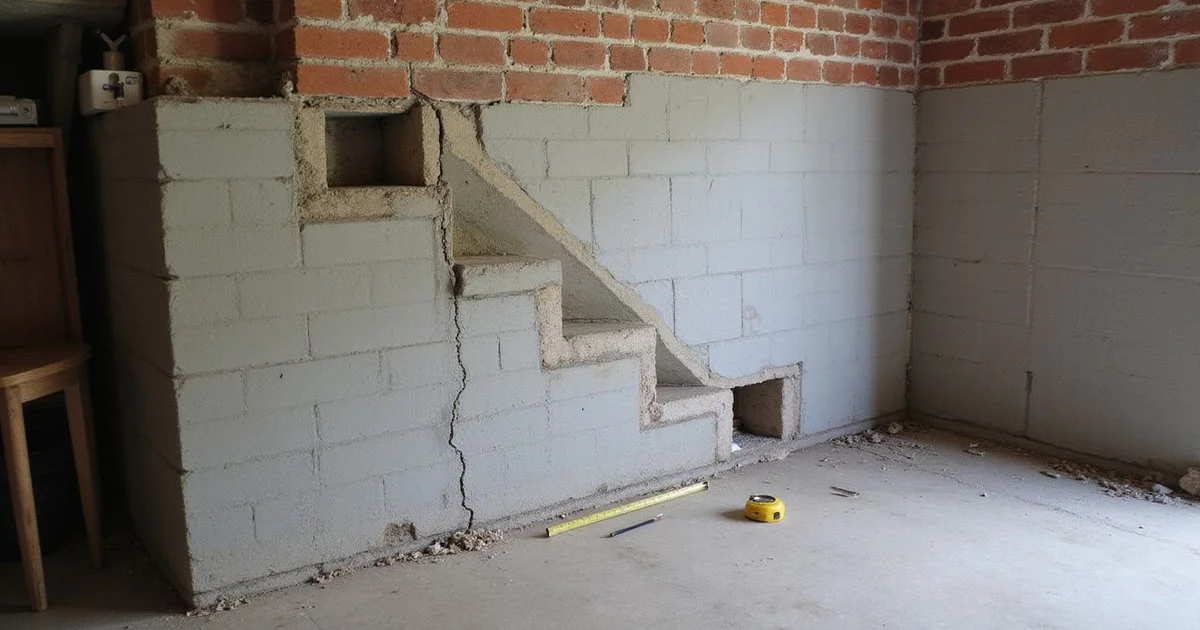 Close-up of a stair-step mortar crack on a concrete block basement wall