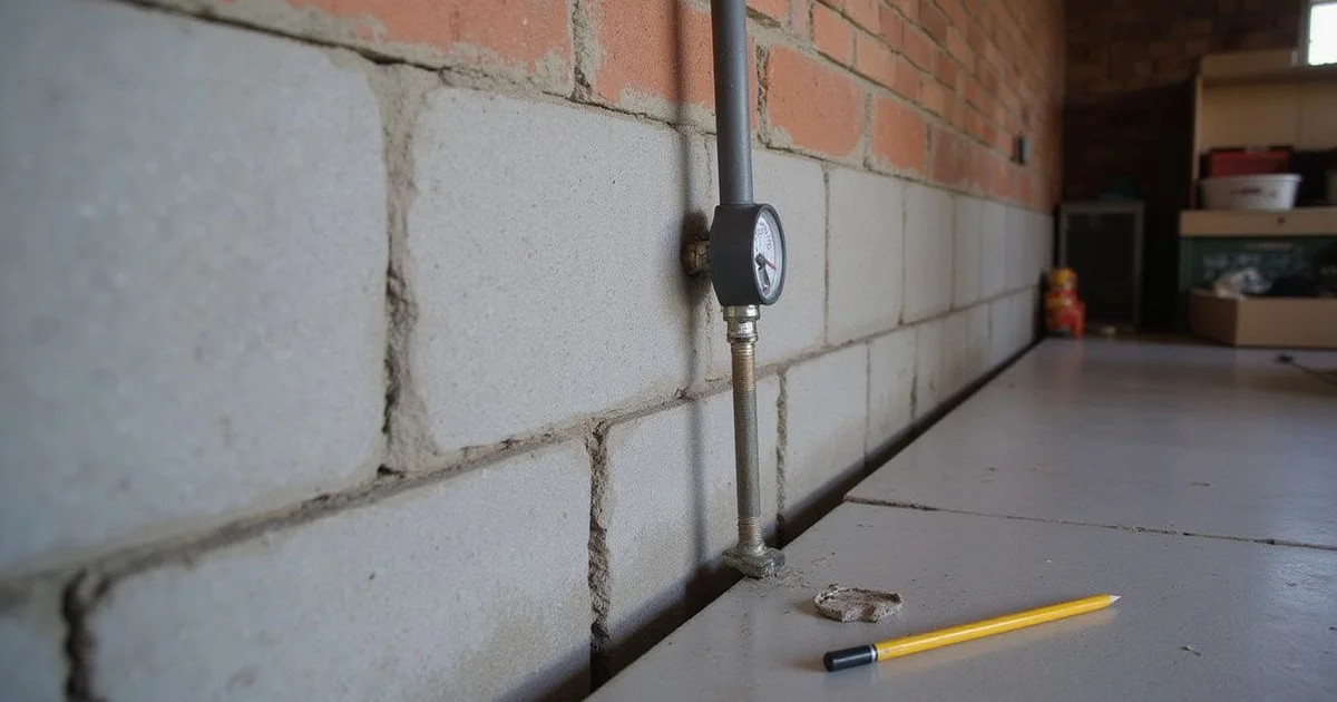 Crack monitor gauge installed across a basement wall crack