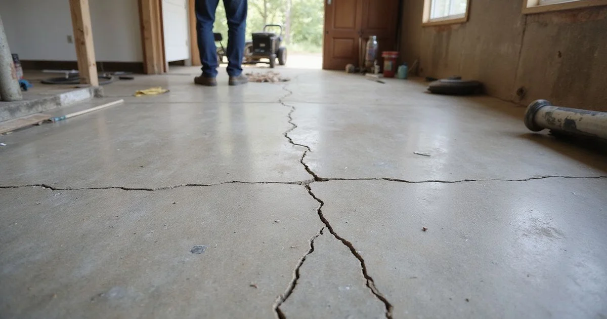 Cracked concrete slab floor with a slight height difference between the two sides